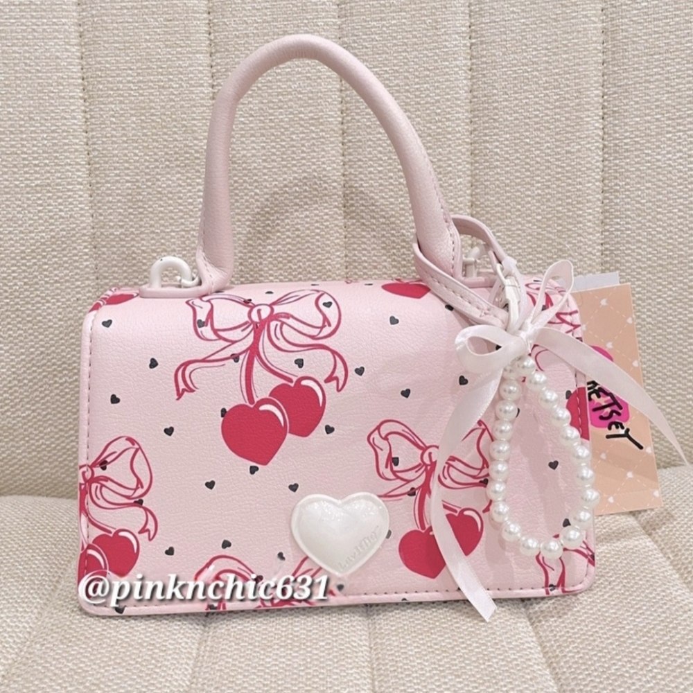 Betsey Johnson LBevie Coquette Bow Cherry Hearts Pink Satchel Crossbody Purse - Picture 5 of 13